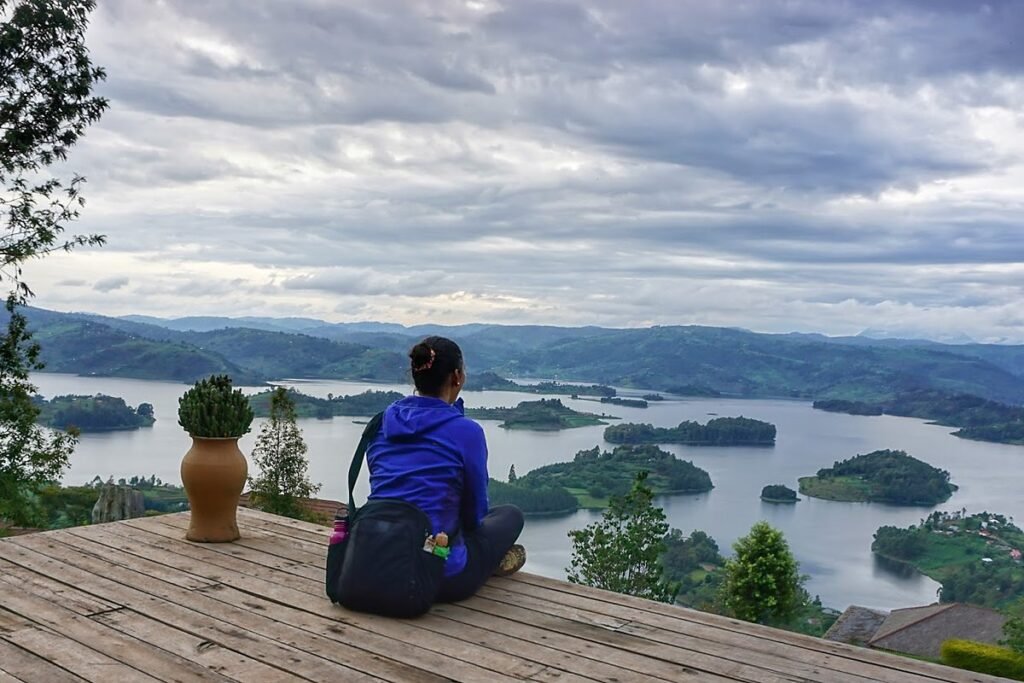 Looking out over the islands of Lake Bunyonyi from a viewpoint above the shore