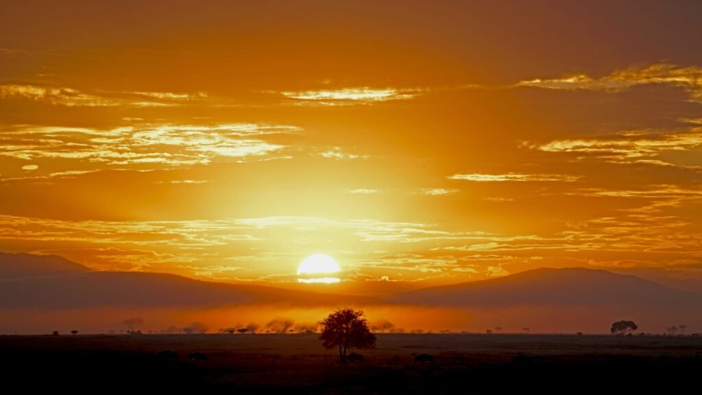 Sun rising through rain clouds over the Serengeti plains, Tanzania