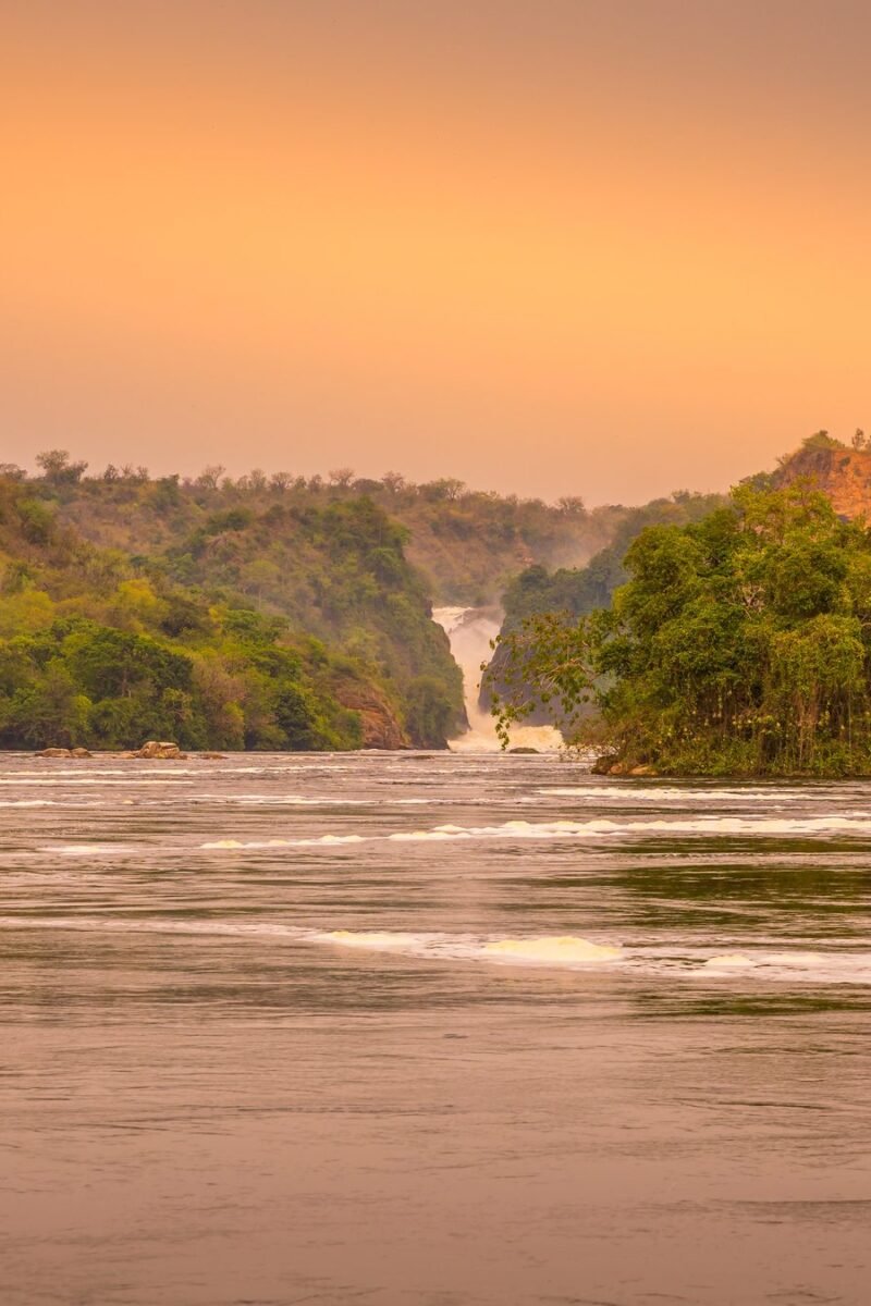 The Victoria Nile forced through a seven metre gap at Murchison Falls, Uganda, at sunset