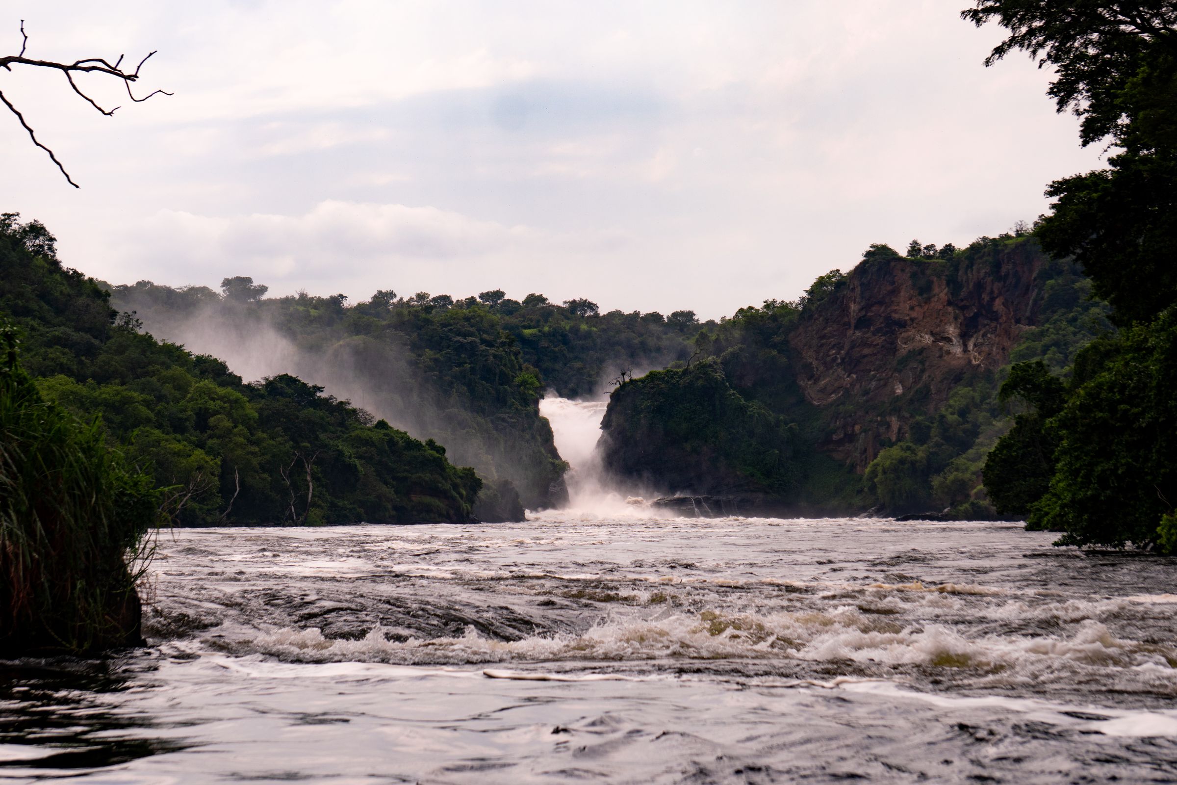 Murchison Falls pouring through its gorge, seen from the Victoria Nile below, Uganda
