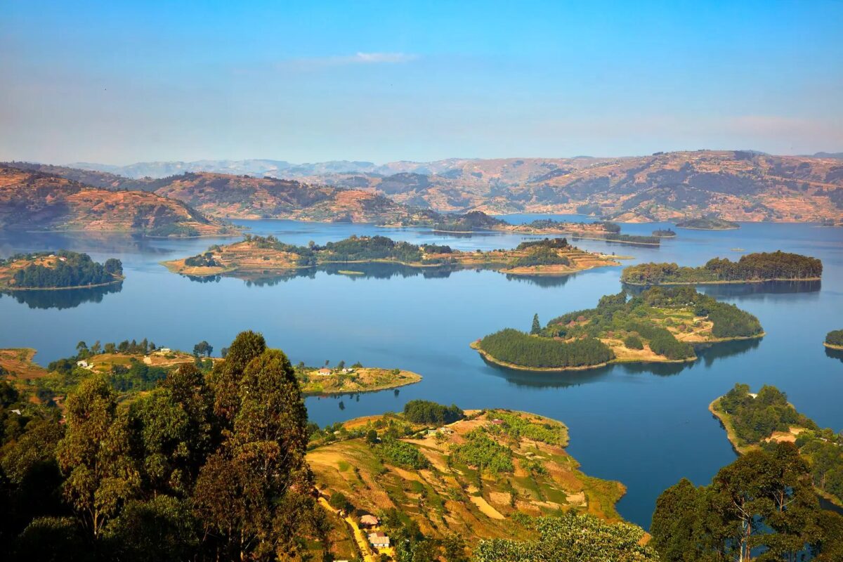 The terraced shores and islands of Lake Bunyonyi from above, Uganda