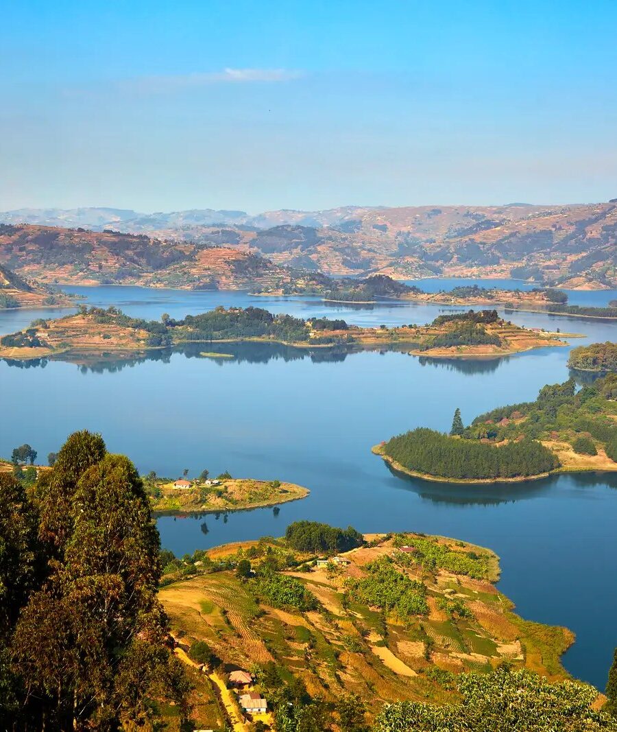 The terraced shores and islands of Lake Bunyonyi from above, Uganda