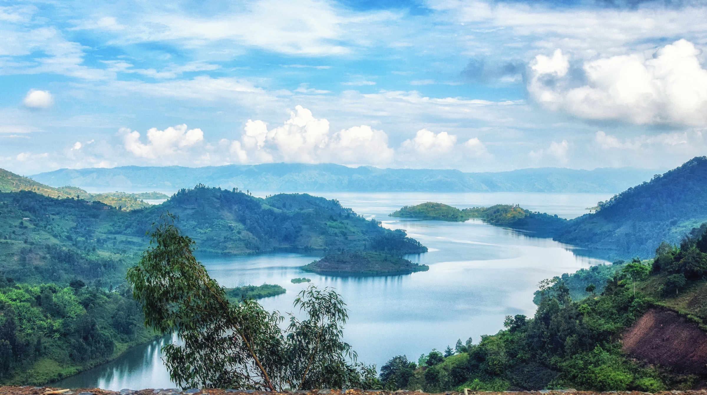 The islands and green shoreline of Lake Kivu, Rwanda