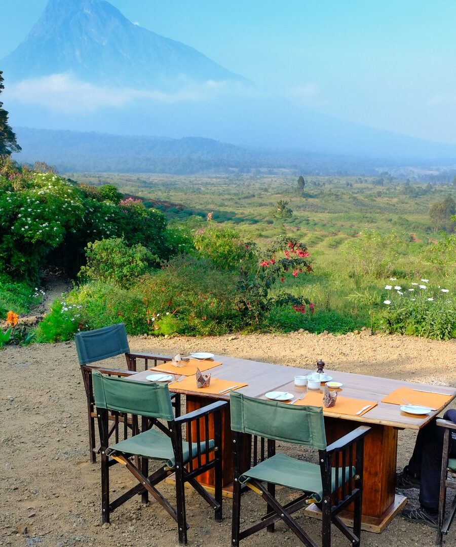 A table laid for breakfast in a garden, with a volcano rising beyond the plain