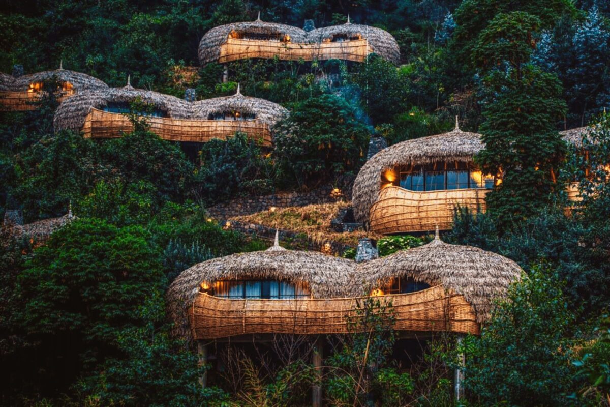 The thatched domes of Bisate Lodge set into forest below the Virunga volcanoes, Rwanda