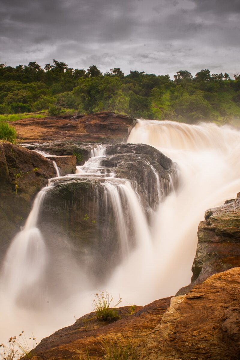 The Victoria Nile dropping through the gorge at Murchison Falls under a heavy sky, Uganda