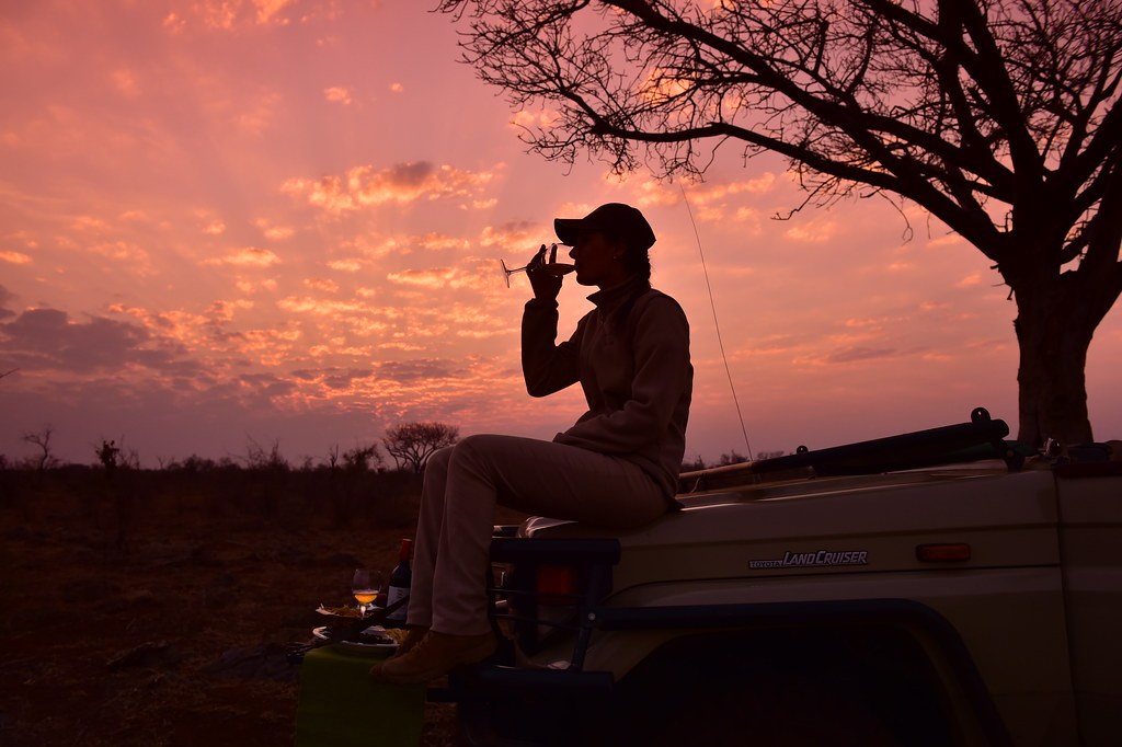 A traveller silhouetted on a vehicle roof against a red sunset, binoculars raised