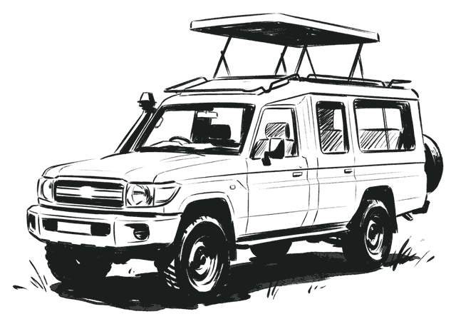Ink drawing of a Land Cruiser safari vehicle with its pop-up roof raised