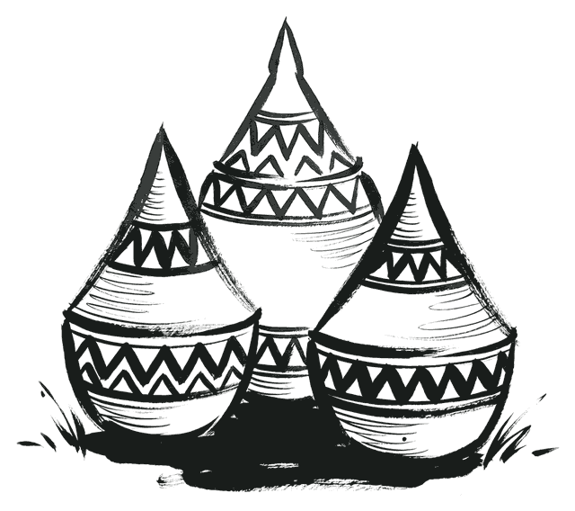 Ink drawing of three Rwandan peace baskets with tall pointed lids
